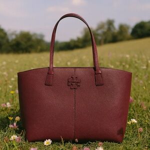 NEW Tory Burch Mcgraw Claret Wine Red Leather Large Shopper Carryall Tote Bag